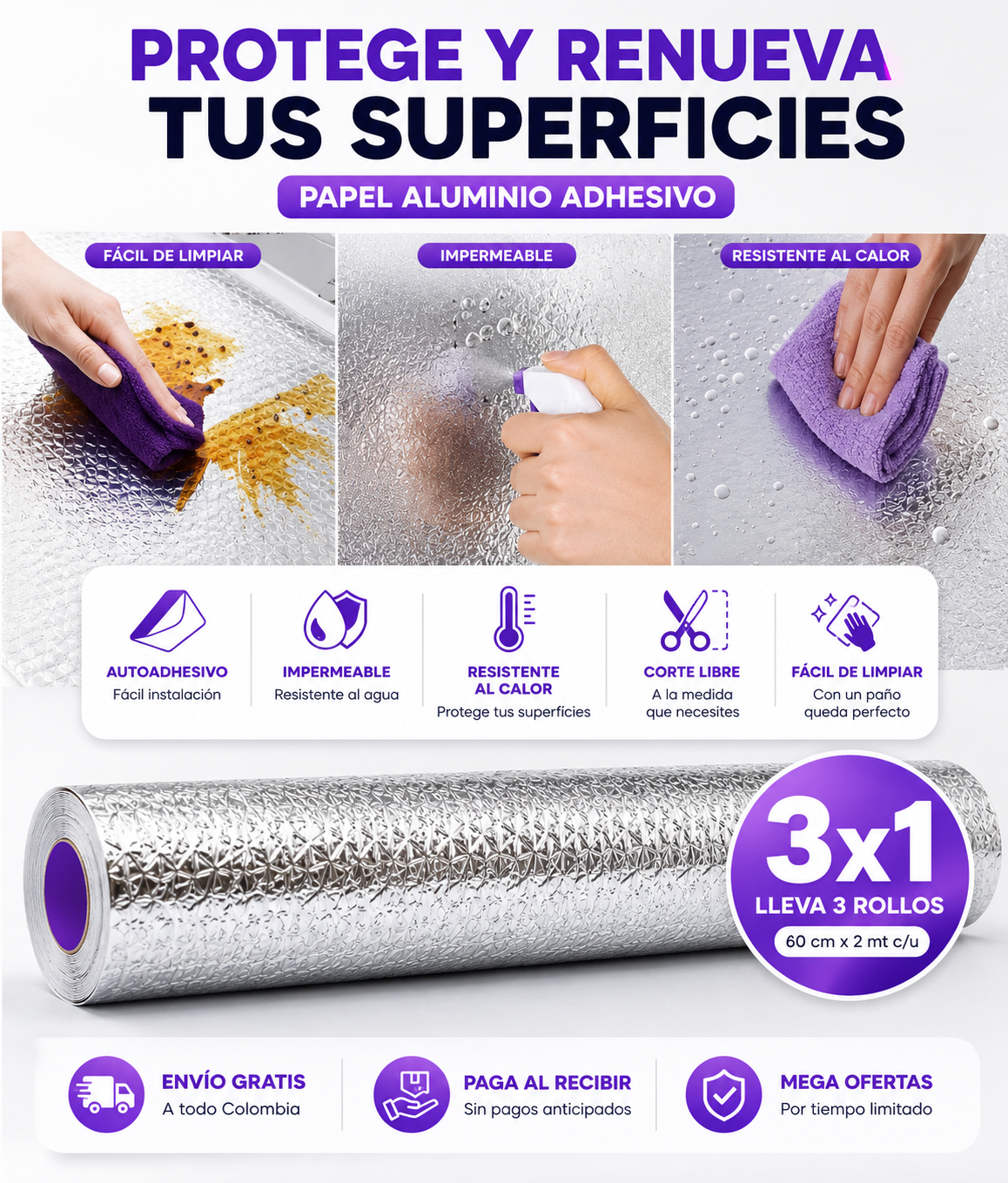 Papel aluminio adhesivo de cocina 3x1
