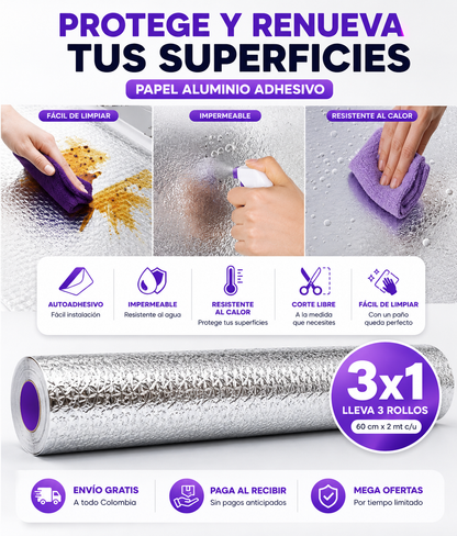 Papel aluminio adhesivo de cocina 3x1