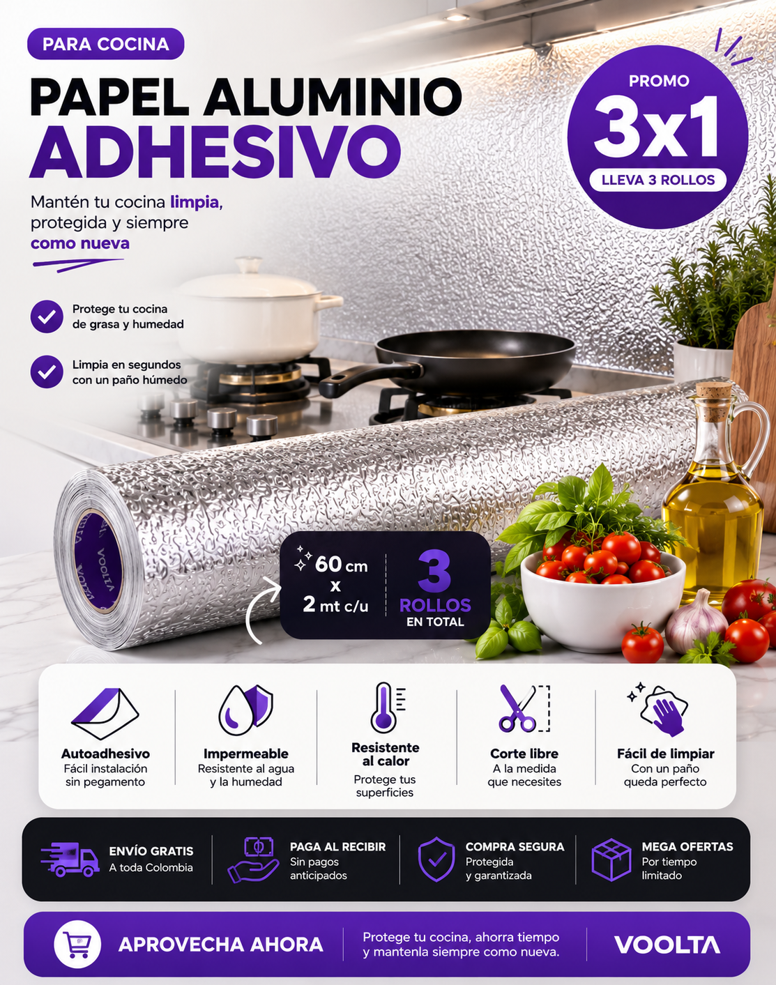 Papel aluminio adhesivo de cocina 3x1