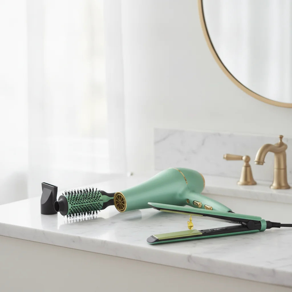 Combo Cabello 3 en 1 - Hero — los 3 productos sobre un tocador, contexto de uso