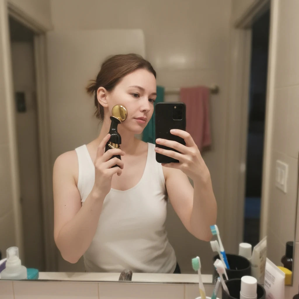 Masajeador Facial Reafirmante 3 en 1 - Reseña — foto casera en baño