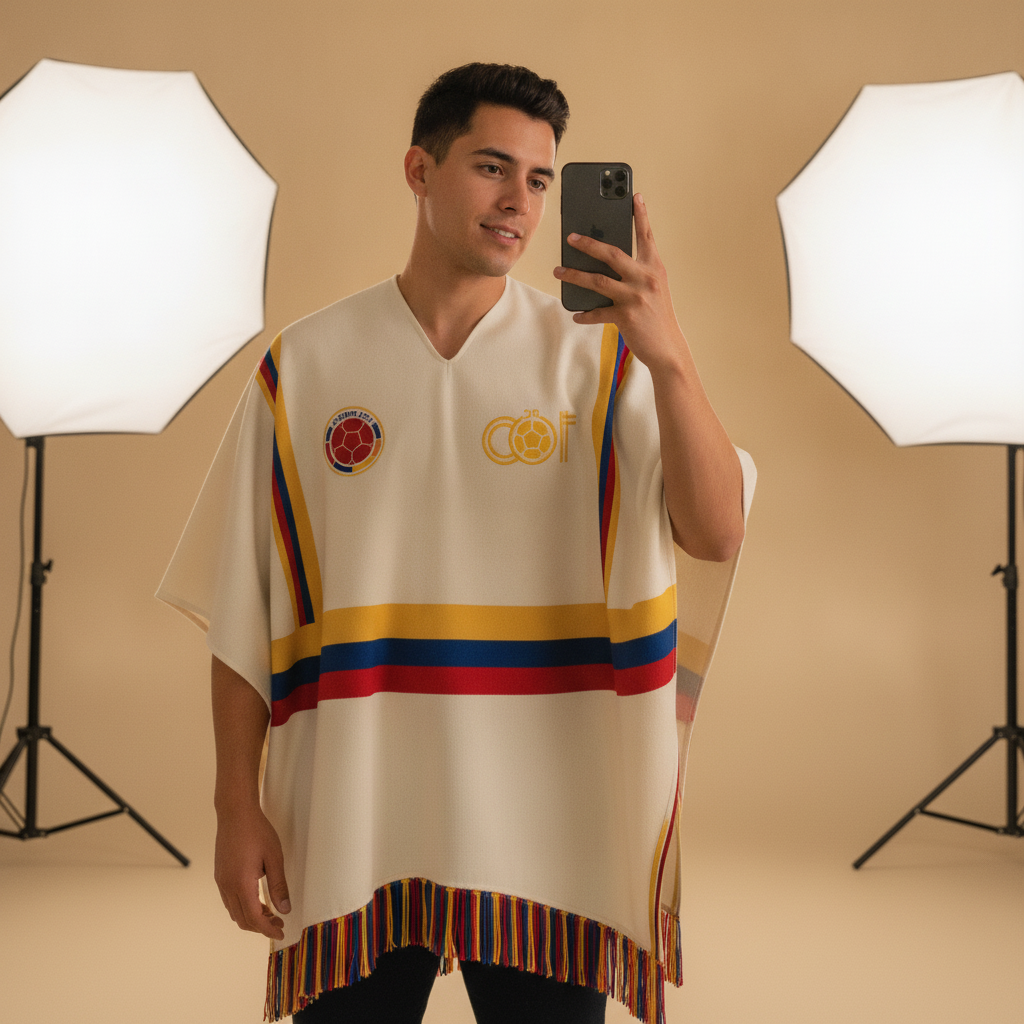 Poncho Colombia crema - Lifestyle/identity — mirror selfie wearing Crema