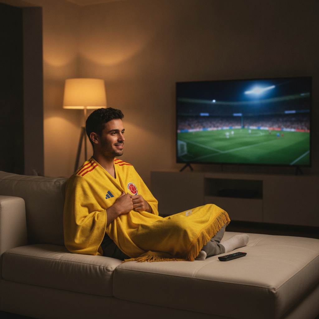 Poncho Colombia amarillo - Pain point: cold match nights — cozy at-home viewing moment